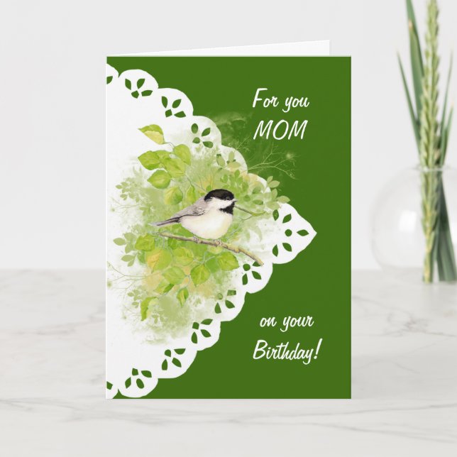 Happy Birthday Mum Chickadee, Bird & Lace Card (Front)