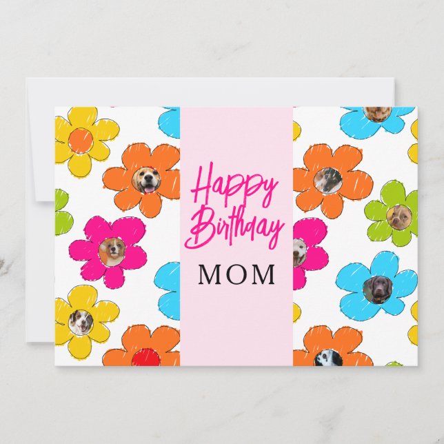 Happy Birthday Mum Cute Flower Dog Photo Collage  Holiday Card (Front)