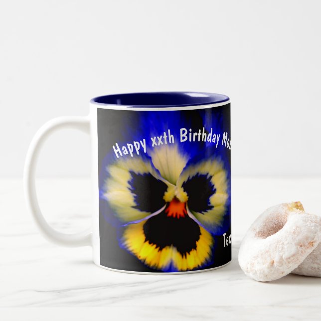 Happy Birthday Mum Pansy Flower Personalised  Two-Tone Coffee Mug (With Donut)