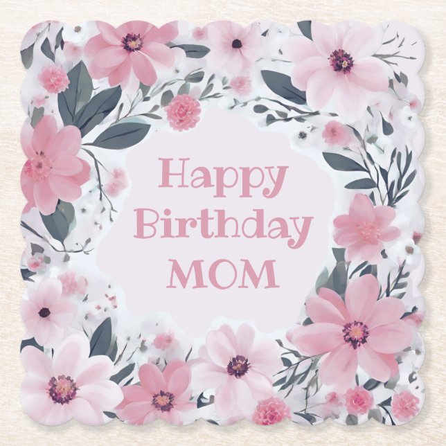 Happy Birthday Mum Pastel Pink Flowers | Floral Paper Coaster (Front)