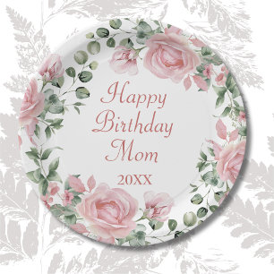 Happy Birthday Mum Pink Floral Party Paper Plate