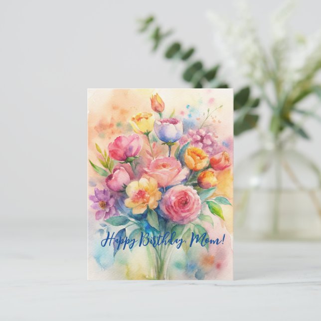 Happy Birthday Mum Watercolor Bouquet Postcard (Standing Front)