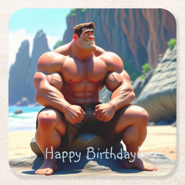 Happy Birthday Muscleman Square Paper Coaster (Front)