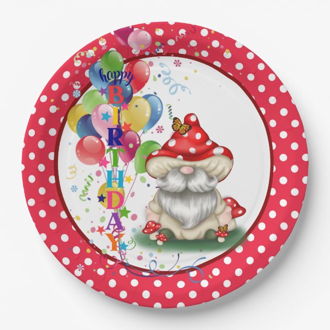 Happy Birthday Mushroom Gnome Paper Plate (Front)
