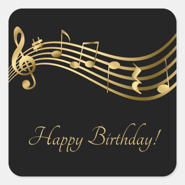 Happy Birthday Musical Notes Black&Gold Elegant Square Sticker (Front)