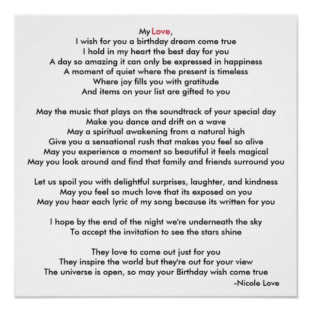Happy Birthday My Love Poem Poster (Front)