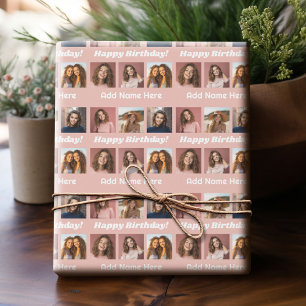 Happy Birthday Name 6 Square Photo Collage Pink Wrapping Paper
