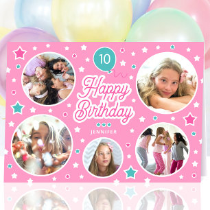 Happy Birthday Name Age Photo Collage Bright Pink Card