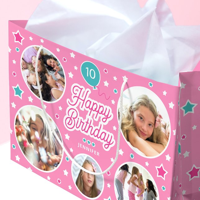 Happy Birthday Name Age Photo Collage Bright Pink Large Gift Bag (Creator Uploaded)