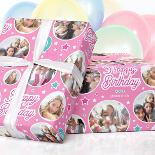 Happy Birthday Name Age Photo Collage Bright Pink Wrapping Paper