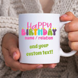 Happy Birthday Name Custom Text Colourful Candles Coffee Mug<br><div class="desc">Happy Birthday mug which you can personalise for any child, teacher or young at heart friend or relation. You can also add your own custom text such as "and hello thirty" or "you're the best" for example. The design has colourful candles lettered in cute and whimsical, groovy retro typography in...</div>