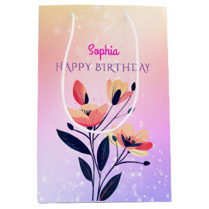 Happy Birthday, Name, Flowers Gold, Pink & Purple  Medium Gift Bag