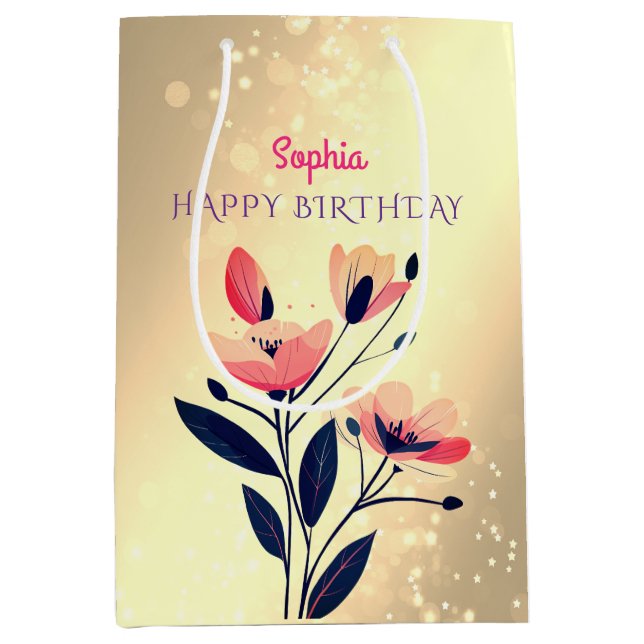 Happy Birthday, Name, Flowers on Gold Medium Gift Bag (Front)