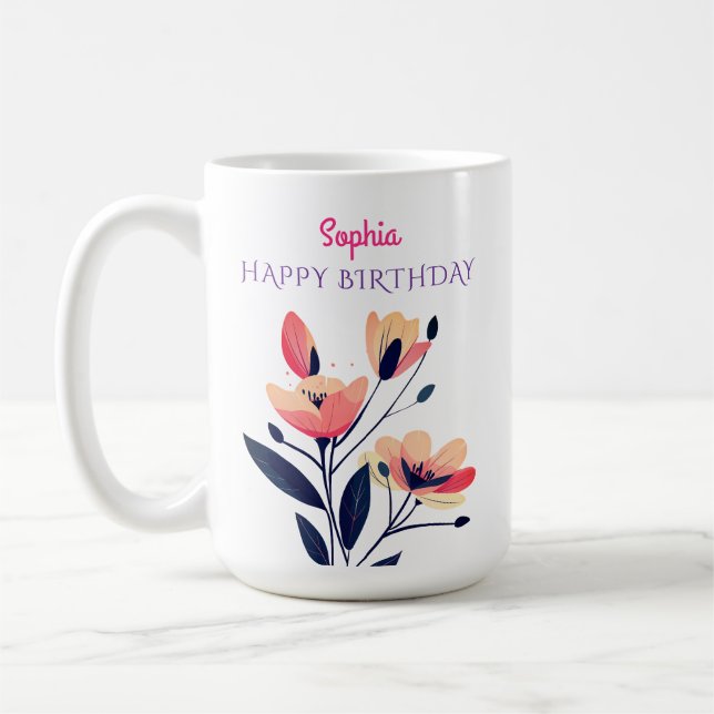 Happy Birthday, Name, Flowers, White Coffee Mug (Left)