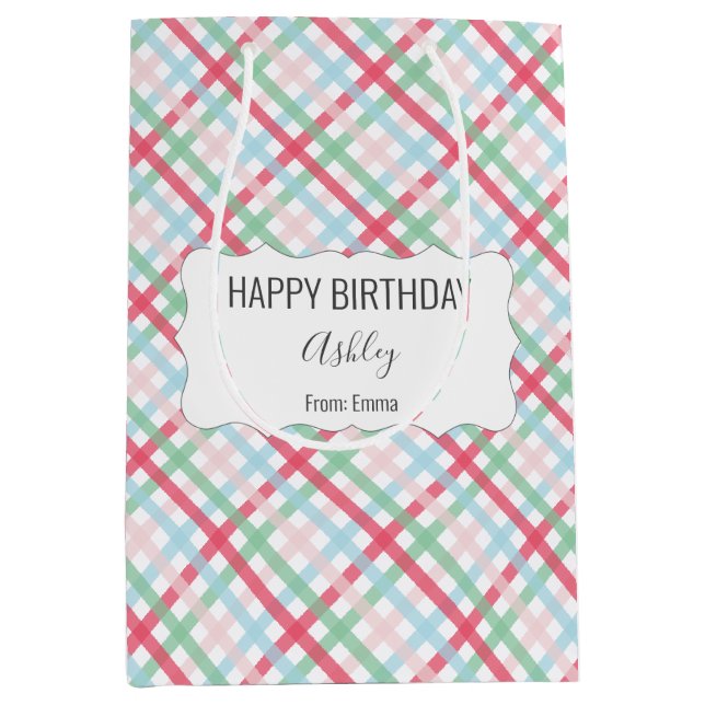 Happy Birthday + Name + From Colourful Gingham Medium Gift Bag (Front)