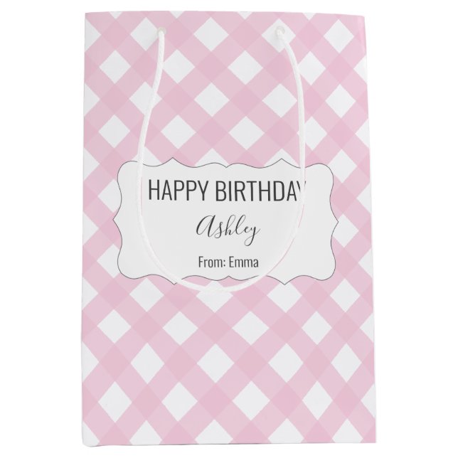 Happy Birthday + Name + From Pink Gingham Medium Gift Bag (Front)