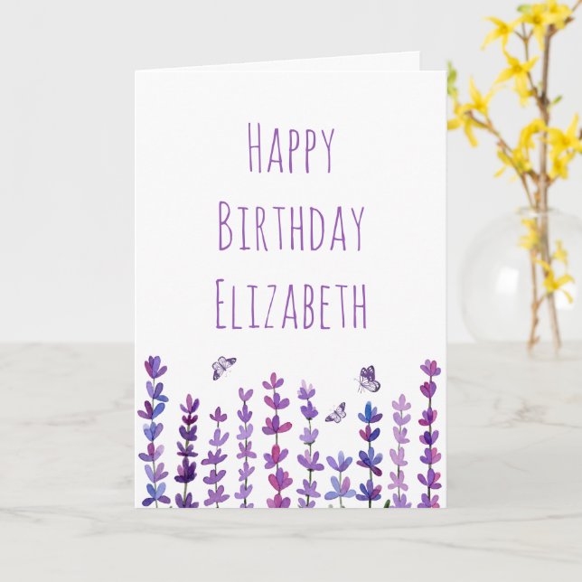 Happy Birthday Name Lavender & Butterfly  Card (Yellow Flower)