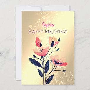 Happy Birthday, Name, Message, Flowers on Gold Holiday Card
