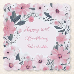 Happy Birthday Name Pastel Pink Flowers   Floral Paper Coaster