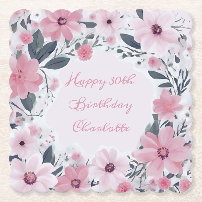 Happy Birthday Name Pastel Pink Flowers | Floral Paper Coaster (Front)