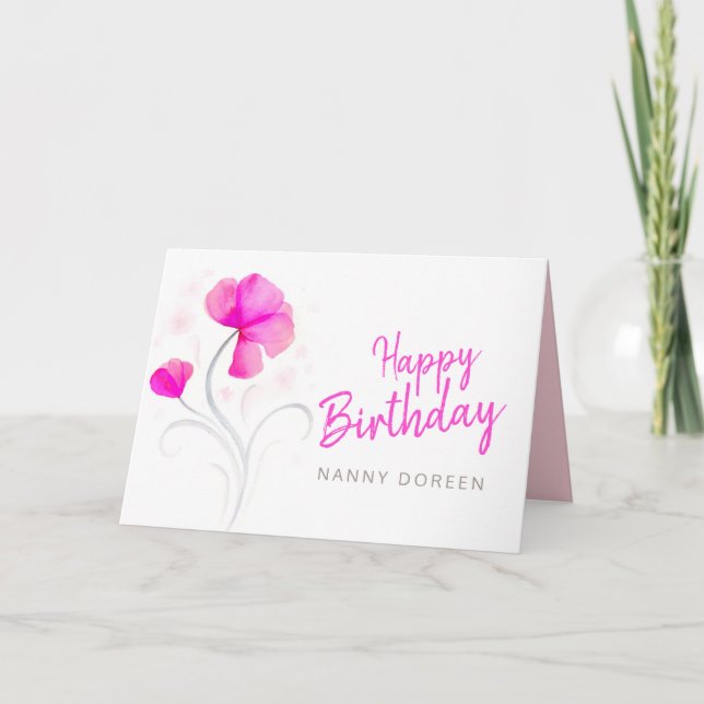 Happy Birthday Nanny watercolor pink wildflower Card (Front)