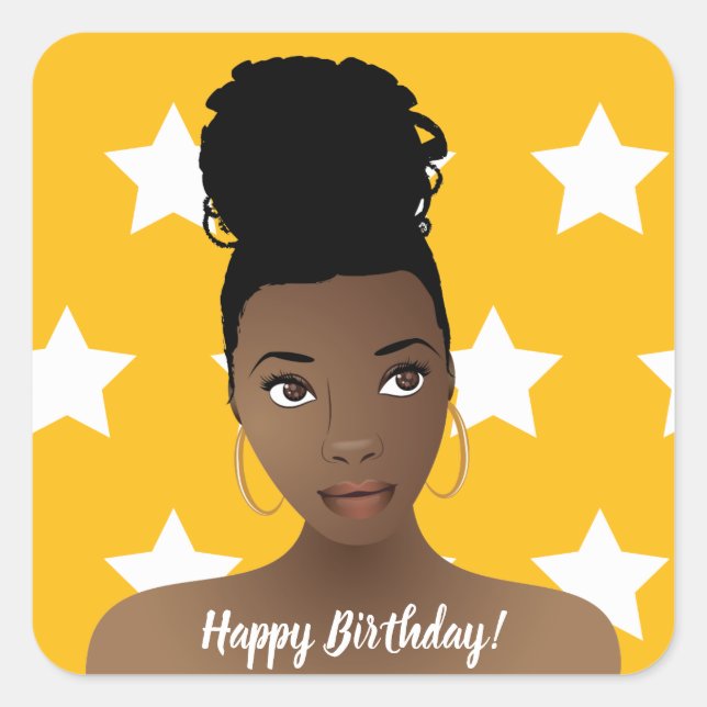 Happy Birthday! Natural Beauty, White Stars, Gold Square Sticker (Front)