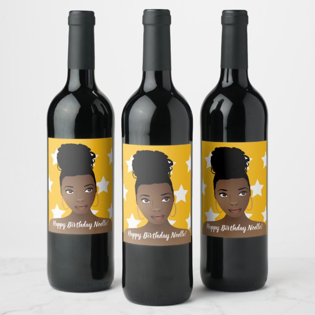 Happy Birthday! Natural Beauty, White Stars, Gold  Wine Label (Bottles)