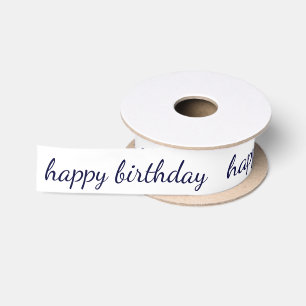 Happy Birthday Navy Blue Script Typography Satin Ribbon