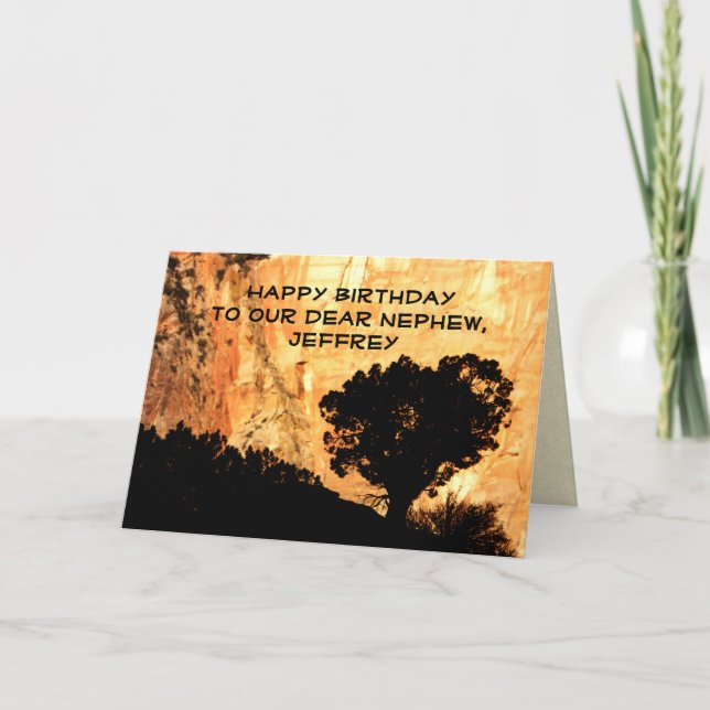 Happy Birthday Nephew Name, Sunrise Tree Greeting Card (Front)