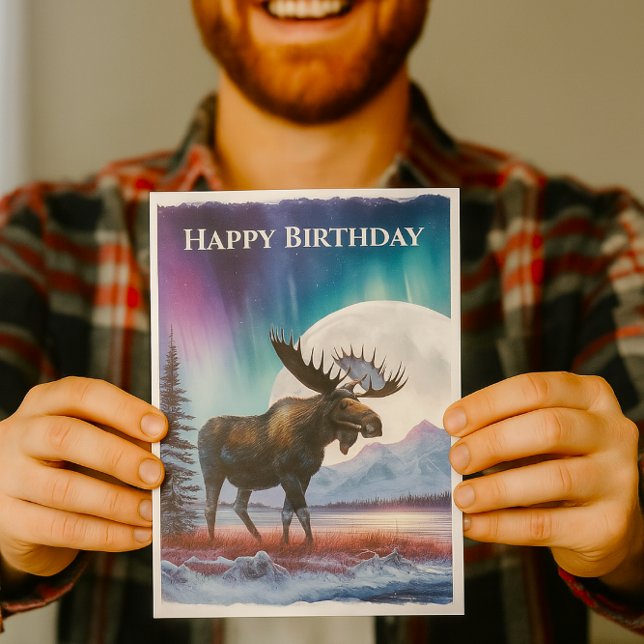Happy Birthday Northern Lights Alaska Moose Card (Watercolor Wildlife Bull Moose Birthday Card for him )