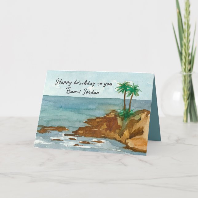 Happy Birthday Ocean Palm Trees Custom Name Card (Front)