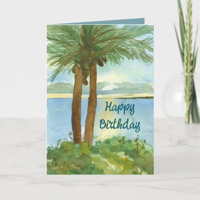 Happy Birthday Ocean Sunrise Palm Trees Custom  Card (Front)