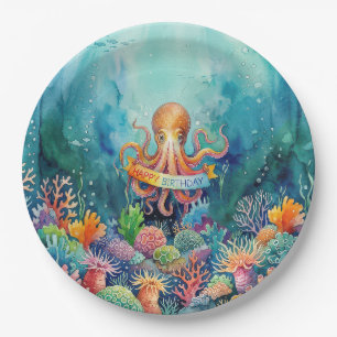 Happy Birthday Octopus Ocean Sea Life Water Fish Paper Plate