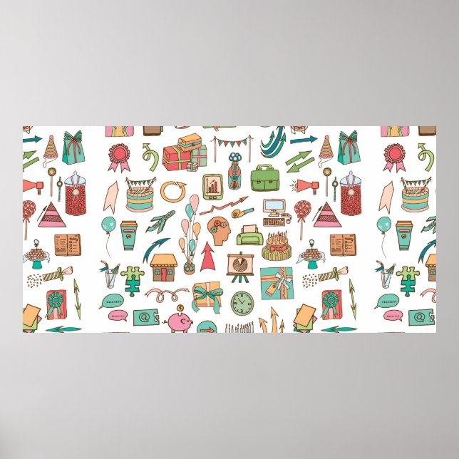 Happy birthday office elements in sketch doodle ha poster (Front)