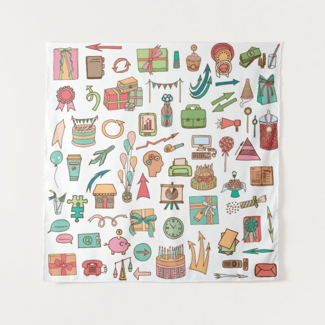 Happy birthday office elements in sketch doodle ha tapestry (Front)