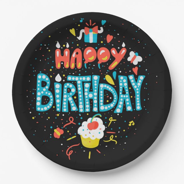 Happy Birthday on Black Paper Plate (Front)