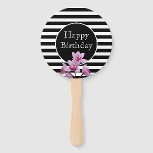 Happy Birthday Orchid Stripes with Age Hand Fan