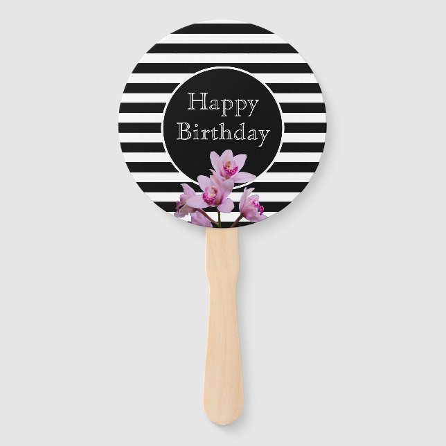 Happy Birthday Orchid Stripes with Age Hand Fan (Front)