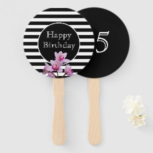 Happy Birthday Orchid Stripes with Age Hand Fan