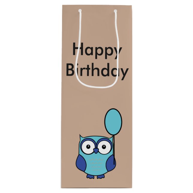 Happy Birthday Owl Blue and Aqua Wine Gift Bag (Front)