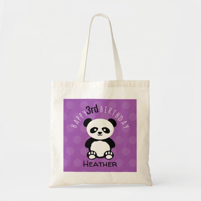 Happy Birthday Panda Personalised Kids Purple Girl Tote Bag (Front)