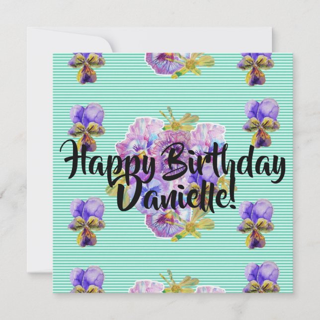 Happy Birthday Pansy floral Womans Name Card (Front)