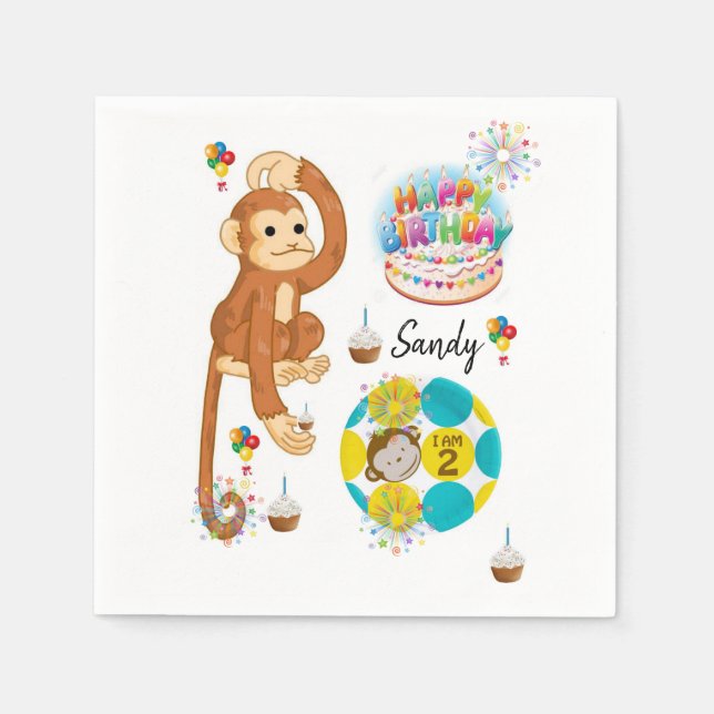 Happy Birthday Paper Napkins, Monkey Two Year Old Napkin (Front)