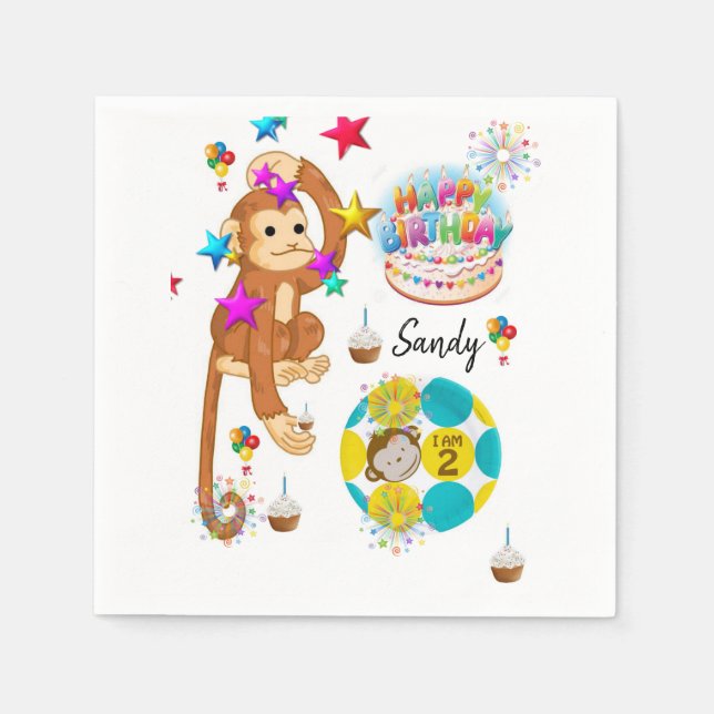 Happy Birthday Paper Napkins, Monkey Two Year Old Napkin (Front)
