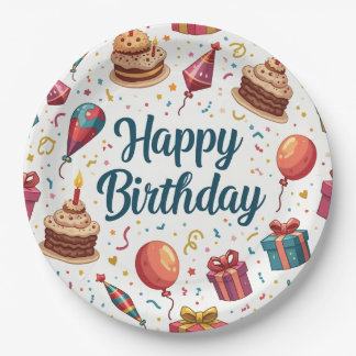 Happy Birthday Paper Plate with Balloons and Cake