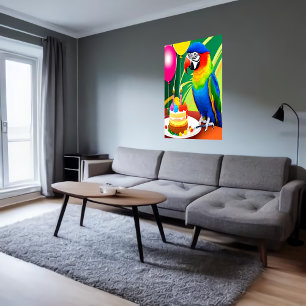 Happy Birthday, parrot, cake balloon    AI Art Poster