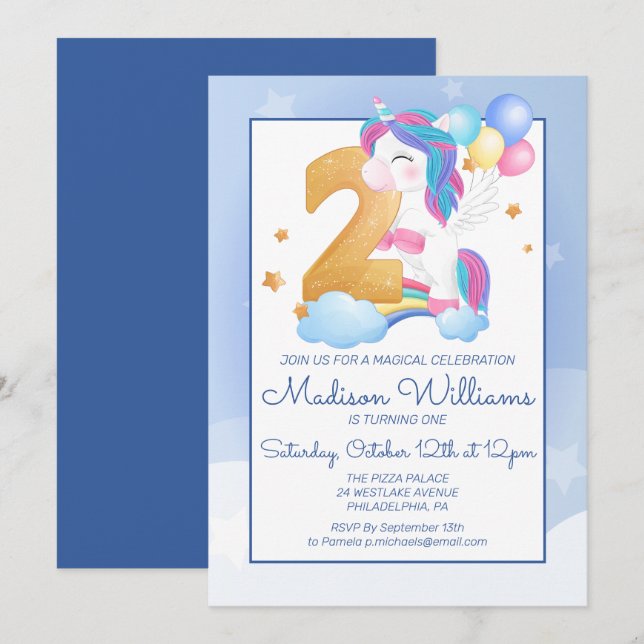 Happy Birthday Party | 2nd Birthday Pastel Unicorn Invitation (Front/Back)