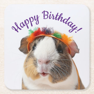 Happy Birthday - Party Animal Guinea Pig #2 Square Paper Coaster