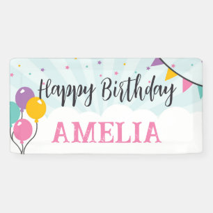 Happy Birthday Party Banner Sign with Balloons