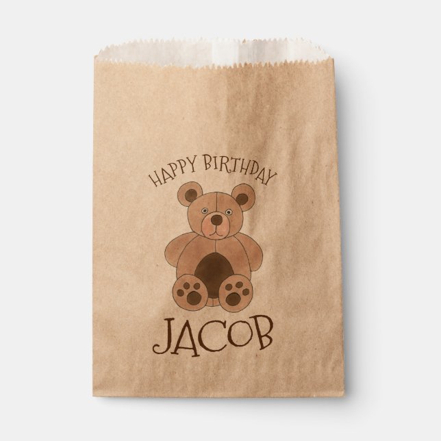 Happy Birthday Party Brown Teddy Bear Kid Baby Favour Bags (Front)